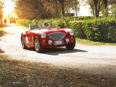 Rode Austin-Healy 100 BN-1 rijdt in de ochtendzon op een bospad