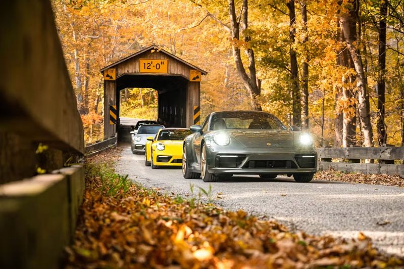 Ferrari 250 GT SWB Berlinetta rijdt op  een weg in een herfstbos